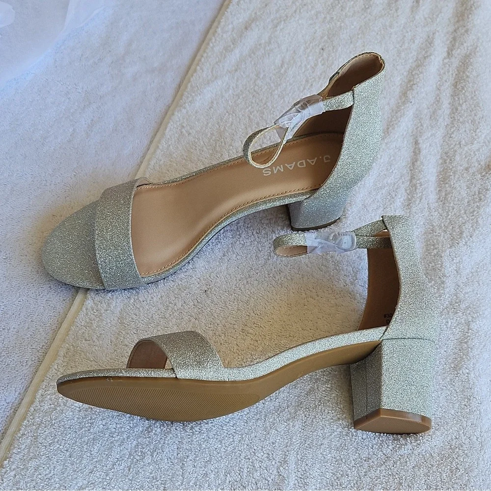 J. Adams Silver Glitter Synthetic Strappy Ankle Strap Sandals Buckle Women's 8.5